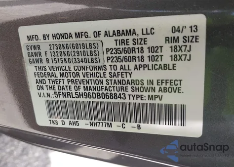 2013 Honda Odyssey Touring/Touring Elite from USA, damaged, VIN 5FNRL5H96DB068843